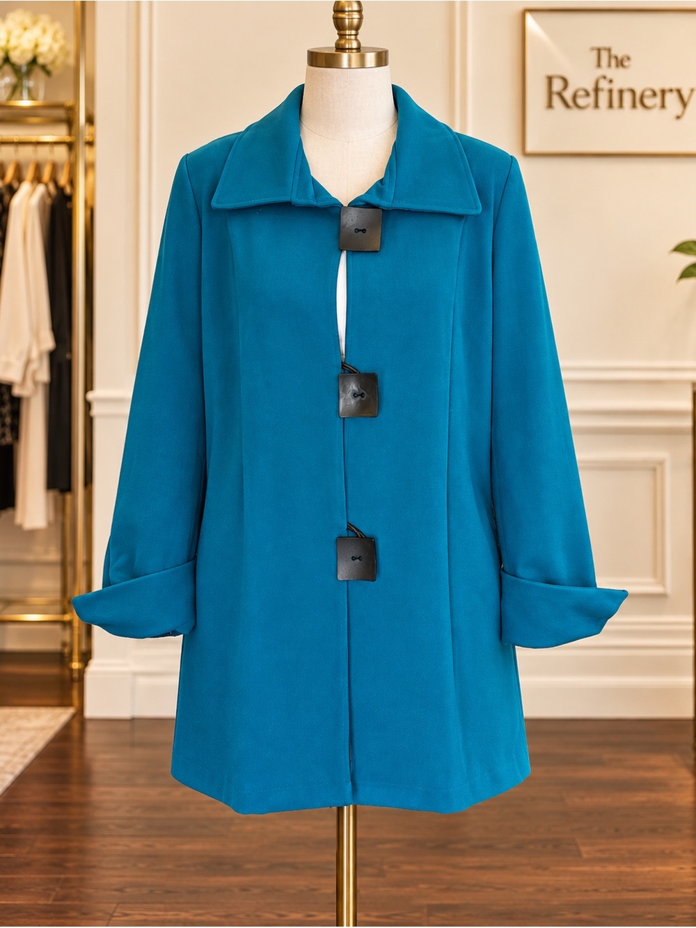 Luii Teal Women's ponte pockets Jacket with Unique Button Design Medium NWT $134